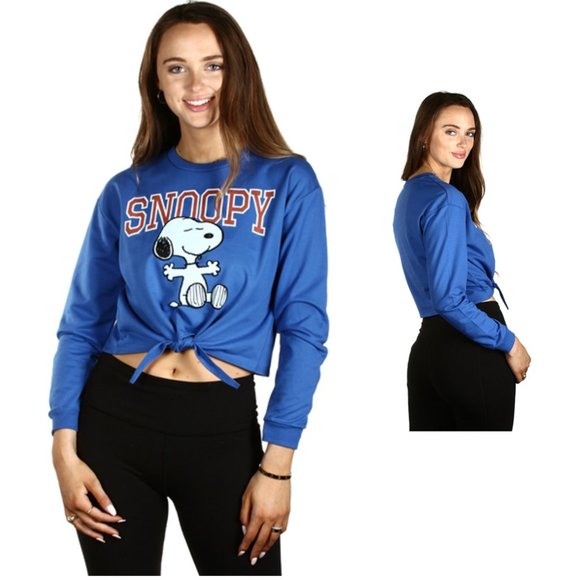 Licensed Snoopy Peanuts Tie-Front crop sweatshirt with big Snoopy S,M,L,XL,Blue - Picture 3 of 8